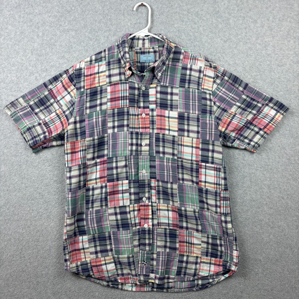 Castaway Nantucket Patchwork Madras Shirt Mens Medium Short Sleeve Plaid Coastal